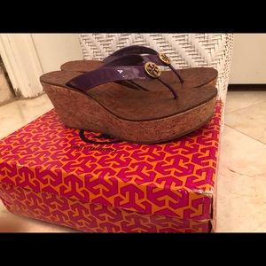 Tory  Burch  Purple Leather Cork Platform Sandal.